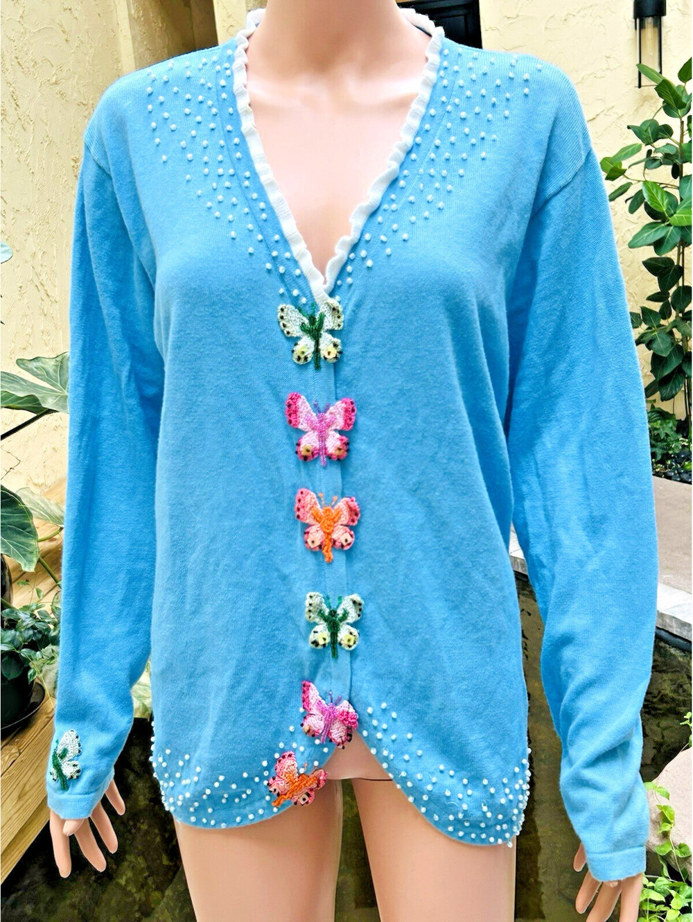 Vintage J Two New York Butterfly Cardigan Sweater Blue Embroidery Pearls XL